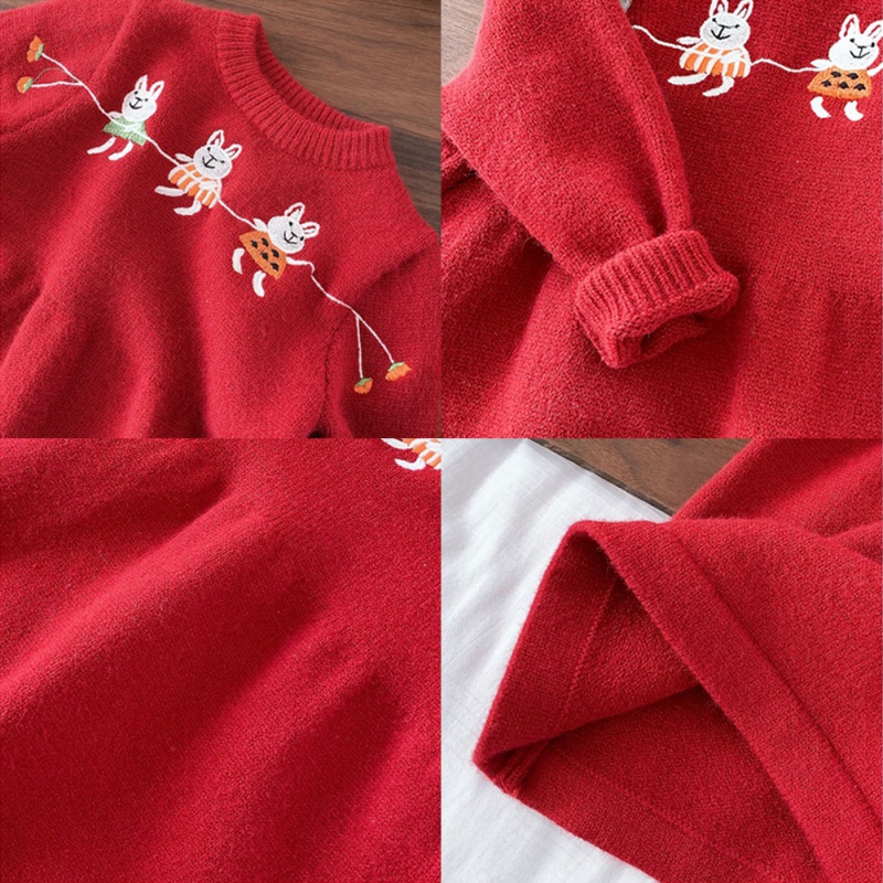 Áo Sweater Dệt Kim Dáng Chữ A Thêu Hình Chú Thỏ Dễ Thương Phong Cách Hàn Quốc Thời Trang Năm Mới Cho Bé Gái