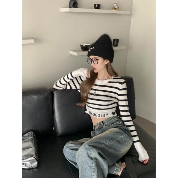 Áo Dệt Kim Tay Dài Kẻ Sọc Trắng Đen Thời Trang Mùa Thu Cho Nữ