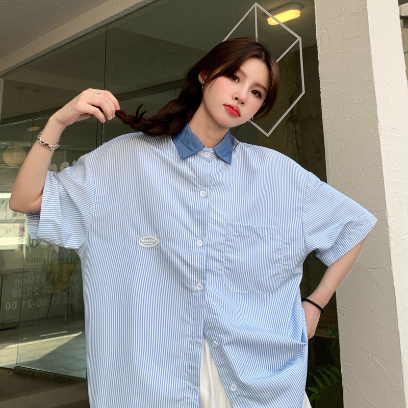 Áo polo LENBACH tay ngắn dáng rộng họa tiết kẻ sọc phong cách retro đơn giản cao cấp