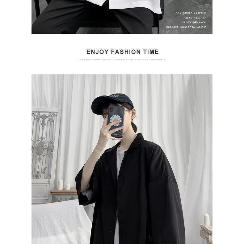 Áo Sơ Mi Nam Dài Tay Màu Đen Dáng Rộng Phong Cách Đường Phố Nhật Hàn Cá Tính