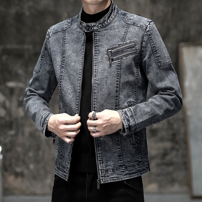 Áo Khoác Denim Dáng Ôm Vải Cotton Kiểu Retro Hàn Quốc Thời Trang Mùa Thu Cho Nam