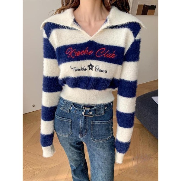 Áo Croptop Dệt Kim Tay Dài Hoạ Tiết Kẻ Sọc Màu Sắc Tương Phản