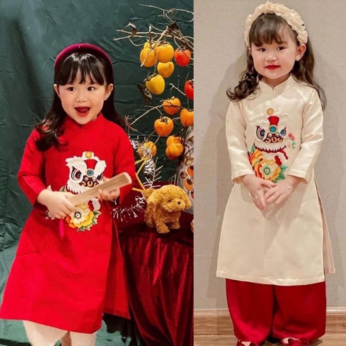 Áo Dài cách tân thêu Kỳ Lân cho bé GÁI, chất liệu nhung chéo cao cấp, áo dài tết đủ size 2 3 4 5 67 8 9