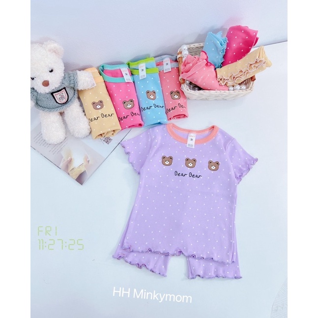 Bộ Đồ Áo Cộc Tay Cotton Mềm Mịn, Bộ Áo Cộc Tay Nhún Bèo Hoạ Tiết Chấm Bi Gấu Cho Bé Gái - 5 Màu