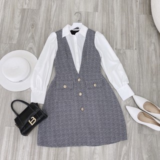 Đầm dạ tweed phối sơ mi ( hàng tk cao cấp , 2 lớp)