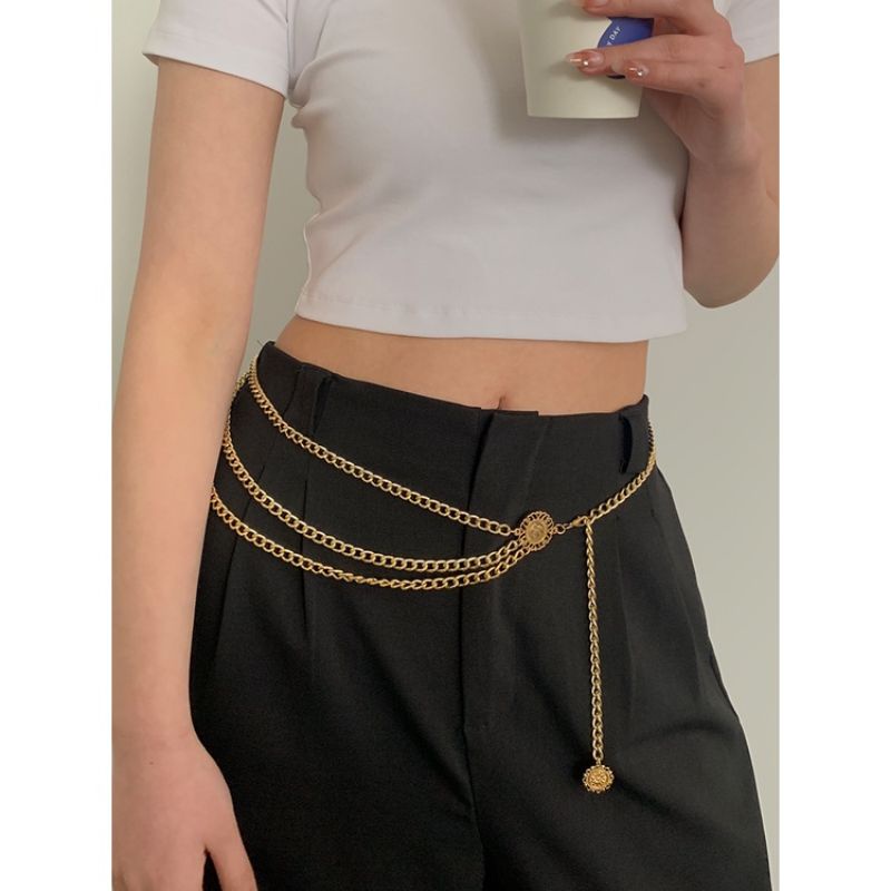 Thắt lưng thời trang kim loại phối váy, thắt lưng xích đồng xu, dây nịt kim loại vintage, retro