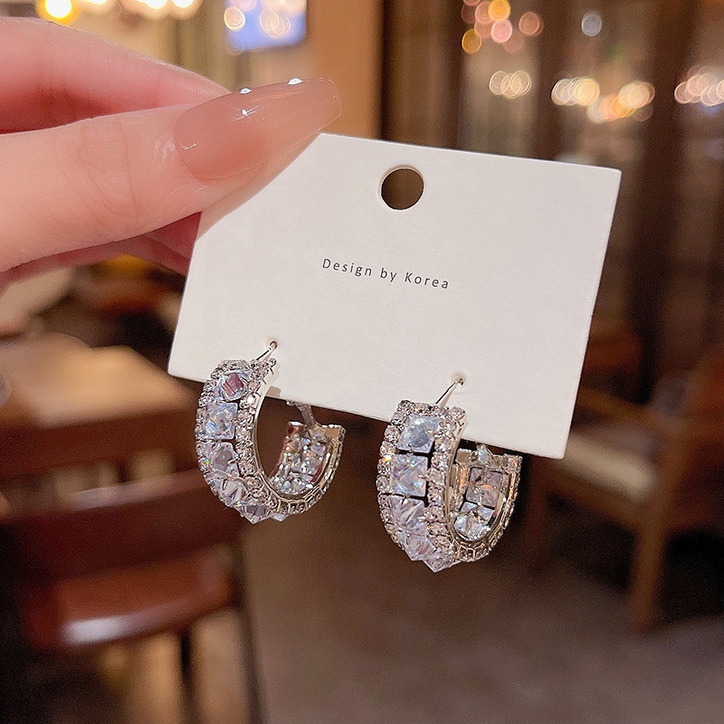 Bông Tai Mạ Bạc 925 Hình Chữ C Đính Đá Zircon Sang Trọng