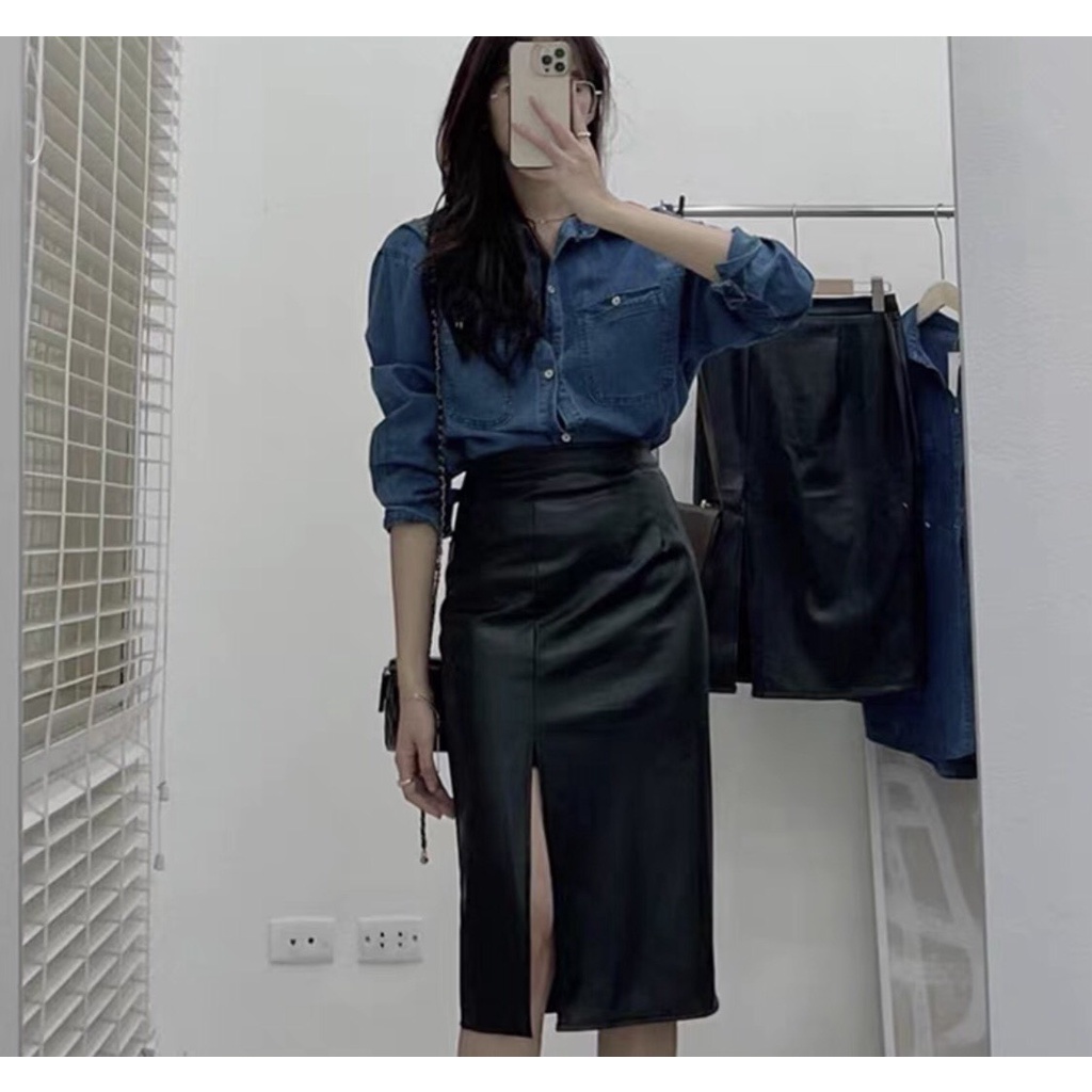 Chân váy da dáng dài mặc lên cực Hàn Xẻng hàng Hotrend (kèm ảnh thật shop chụp)