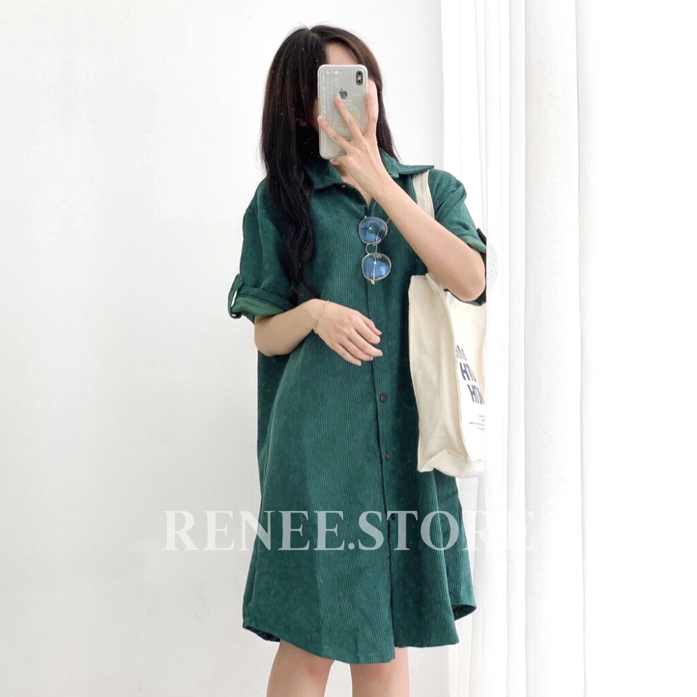 Váy sơ mi nhung tăm dáng dài, váy suông ngắn tay khuy gỗ - VS10