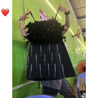 đầm 2 dây lông đính đá sang chảnh