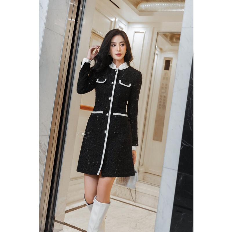 JM Dress Desgin - Đầm Tweed cổ tàu phối lé 1F24.2210TW