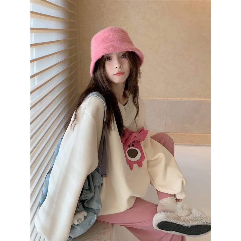 Porozi Áo sweater  tay dài cổ tròn đính nơ phong cách Hàn Quốc xinh xắn cho nữ