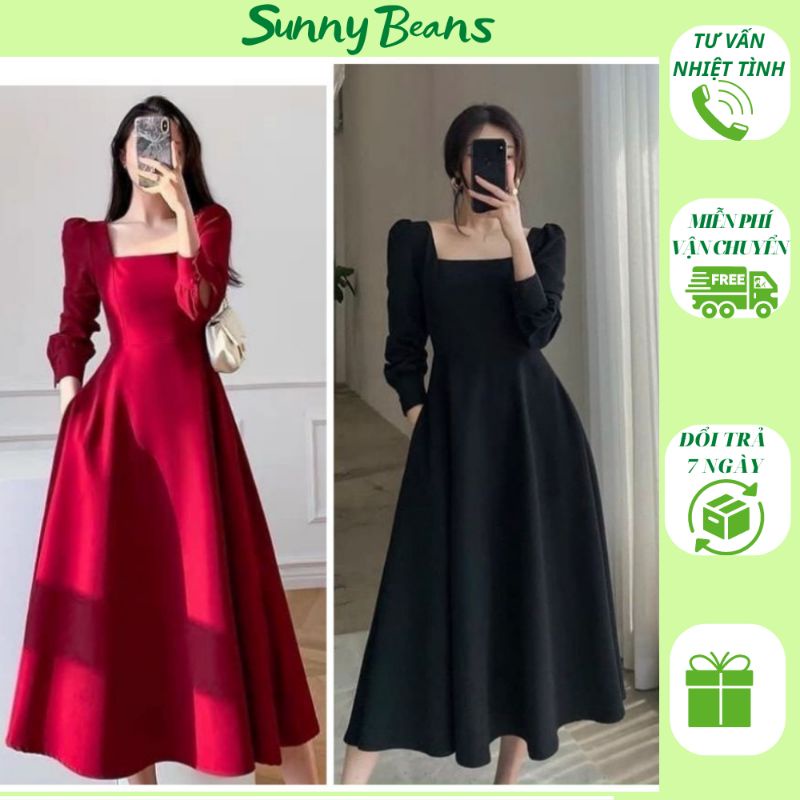 Váy cổ vuông dài tay vai bồng nhẹ dáng xoè dài chất chéo hàn