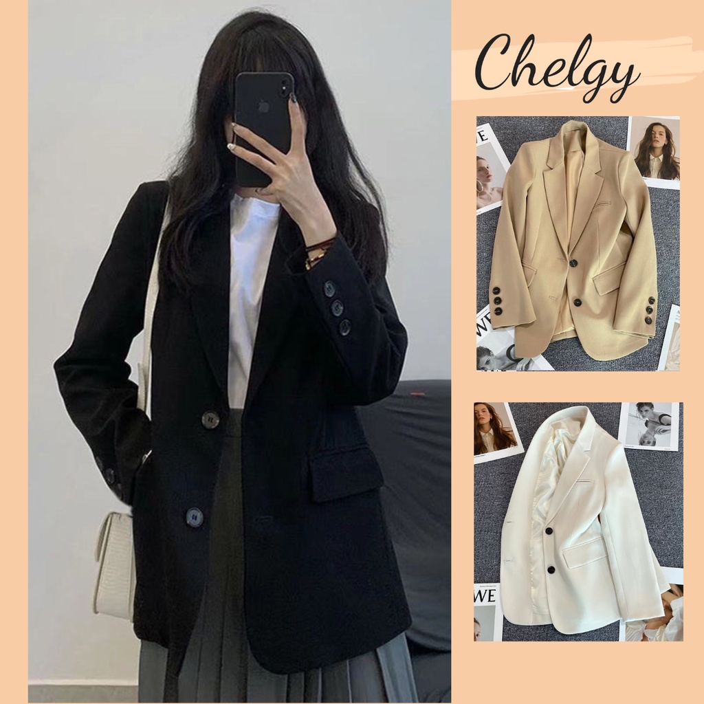 Áo blazer nữ dài tay Chelgy 2 cúc, áo vest nữ 2 lớp dầy dặn mùa thu đông form rộng 3 màu Đen, Nâu, Trắng CG-ABLZ101 | BigBuy360 - bigbuy360.vn