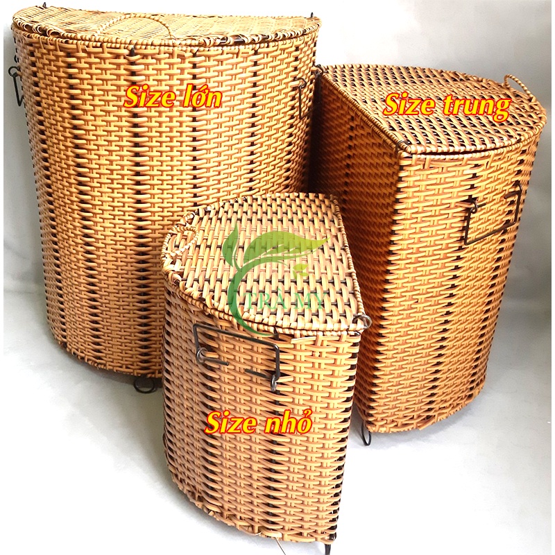 Sọt Mây Bán Nguyệt Có Nắp Đậy Size Trung, Sọt Đựng Quần Áo Vật Dụng Gia Đình, Nhựa Đan Giả Mây Sạch Sẽ - Mây Tre Trà My