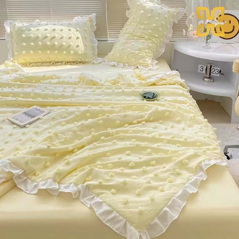 Freeship 🍀 Bộ chăn ga cotton đũi viền bèo đính hoa bi - set chăn chần 4 món - may ga theo yêu cầu - hàng nhập loại 1