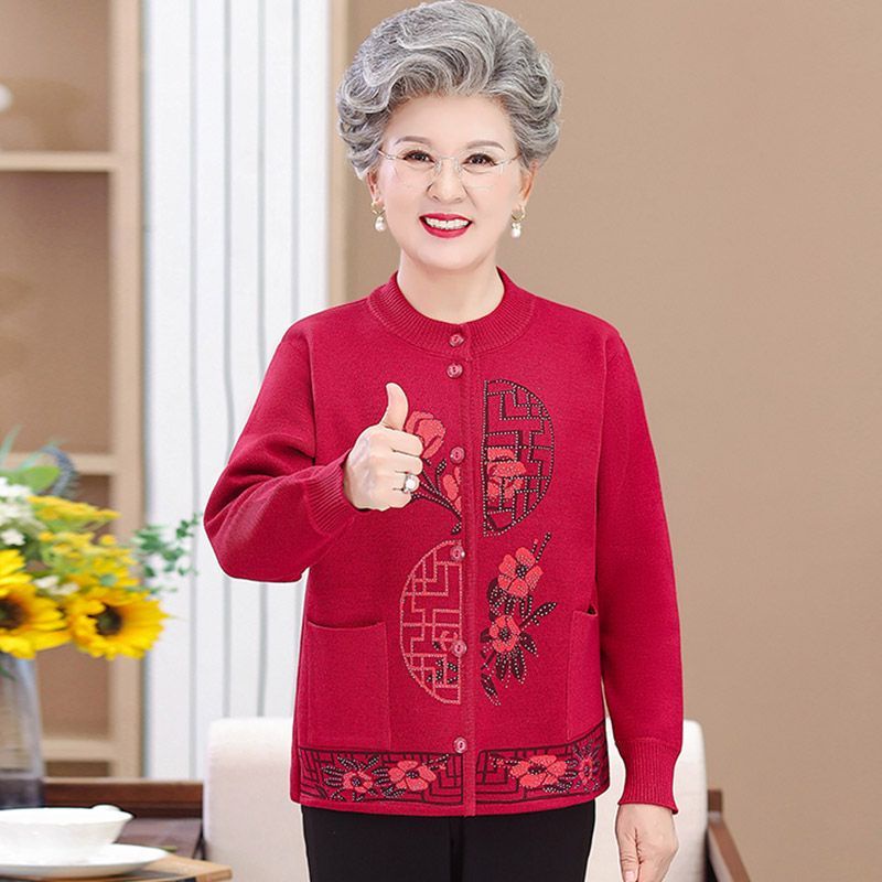 Áo len bà ngoại quần áo xuân thu cho người lớn tuổi áo khoác nữ cộng với quần áo thu đông ấm áp bằng lông cừu