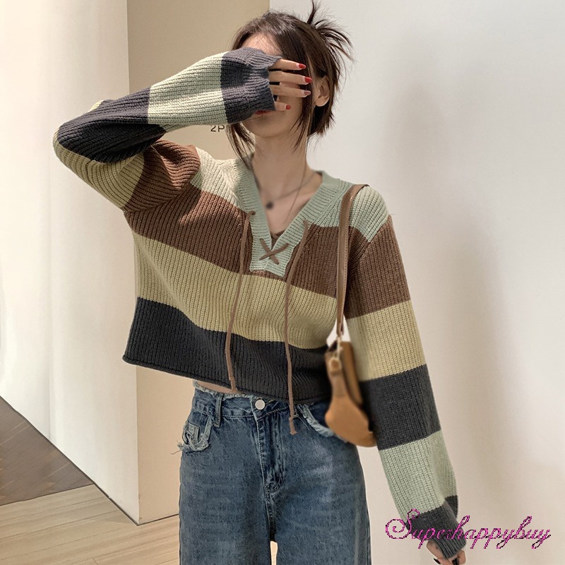 Áo Sweater Dệt Kim Tay Dài Dáng Rộng Kẻ Sọc Màu Sắc Tương Phản Thời Trang Cho Nữ