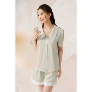 Bộ pijama lụa xanh pastel phối voan trắng lpn33