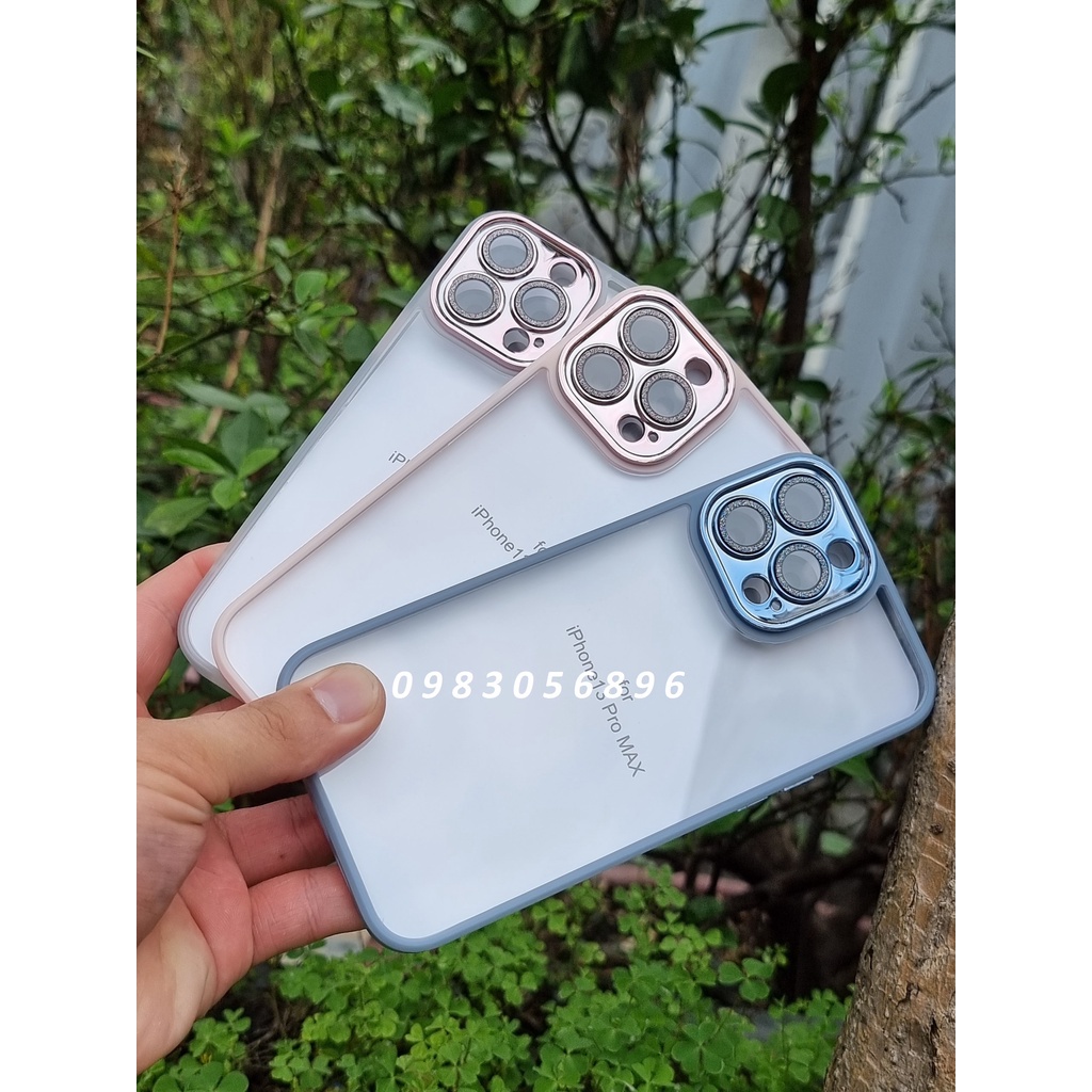 (Viền tím) Ốp Miruyi kính trong viền màu camera gắn đá nhũ cho iPhone 13 /13 Pro/ 13 Pro Max/ 14/pro/plus/prm sang trọng