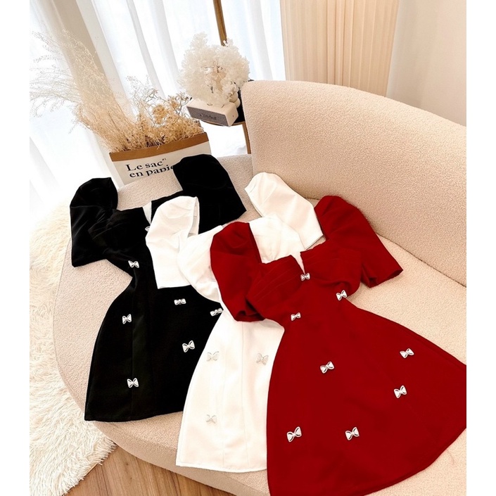 Đầm váy tafta nhũ đính nơ xoè tay phồng/bồng cúp ngực thời trang hot girl thiết kế tiểu thư sang trọng công chúa dự tiệc