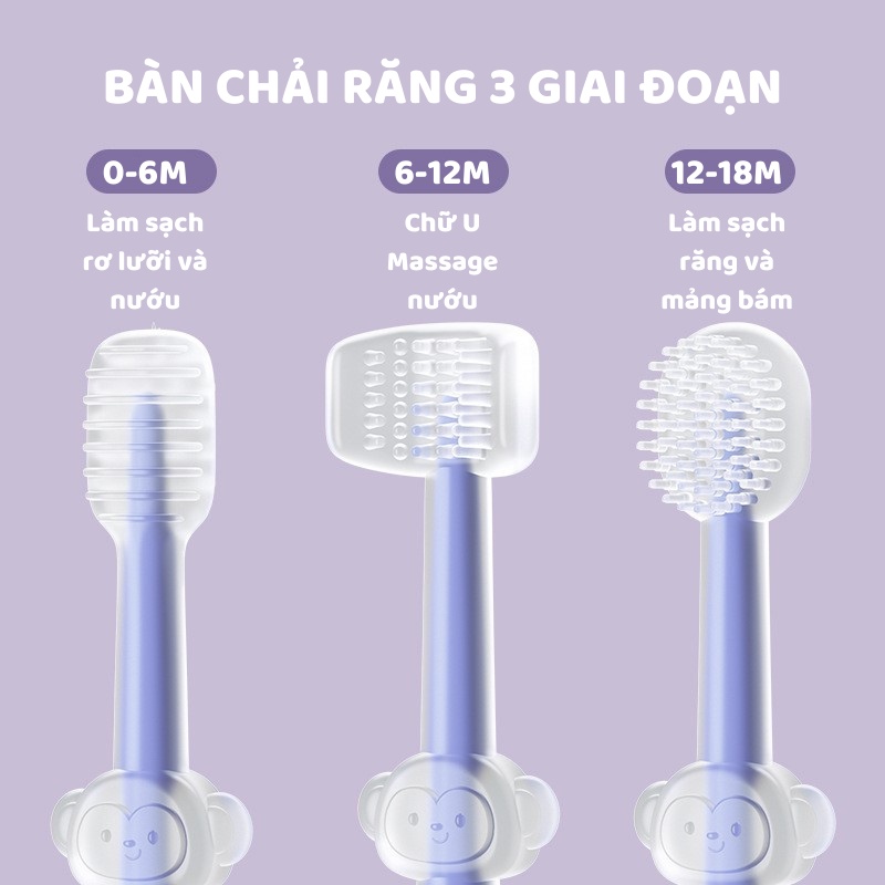 Set 3 Bàn Chải Răng Lưỡi Silicone Phù Hợp 3 Giai Đoạn Phát Triển Răng Nướu - Có Hộp Đựng Đa Năng Cho Bé Từ 0-18m