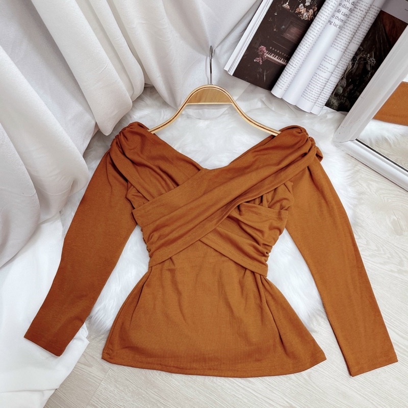 Áo trễ vai đắp chéo tay dài thời trang thu đông cao cấp