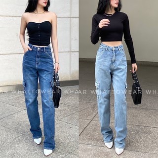 SALE Quần cargo jean lưng cao ống đung 2 màu xanh denim nhạt và đậm
