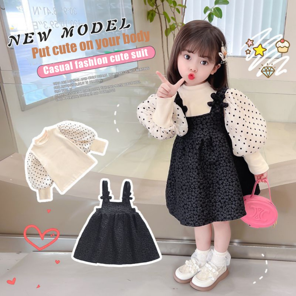 Set Áo Tay Phồng Chấm Bi Phối Váy Yếm Thời Trang Mùa Thu Dễ Thương Cho Bé Gái