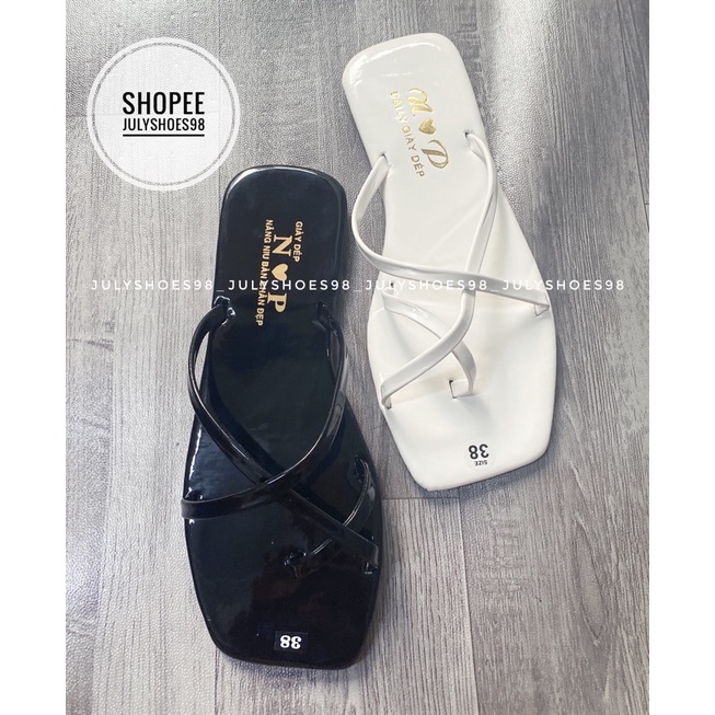 Dép lê nữ xỏ ngón quai dây chéo da bóng mũi vuông đế chống trơn trượt