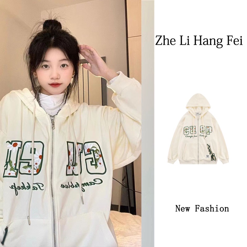 ZHELIHANGFEI Áo sơ mi hở có mũ trùm đầu in chữ thời trang trường đại học lỏng lẻo