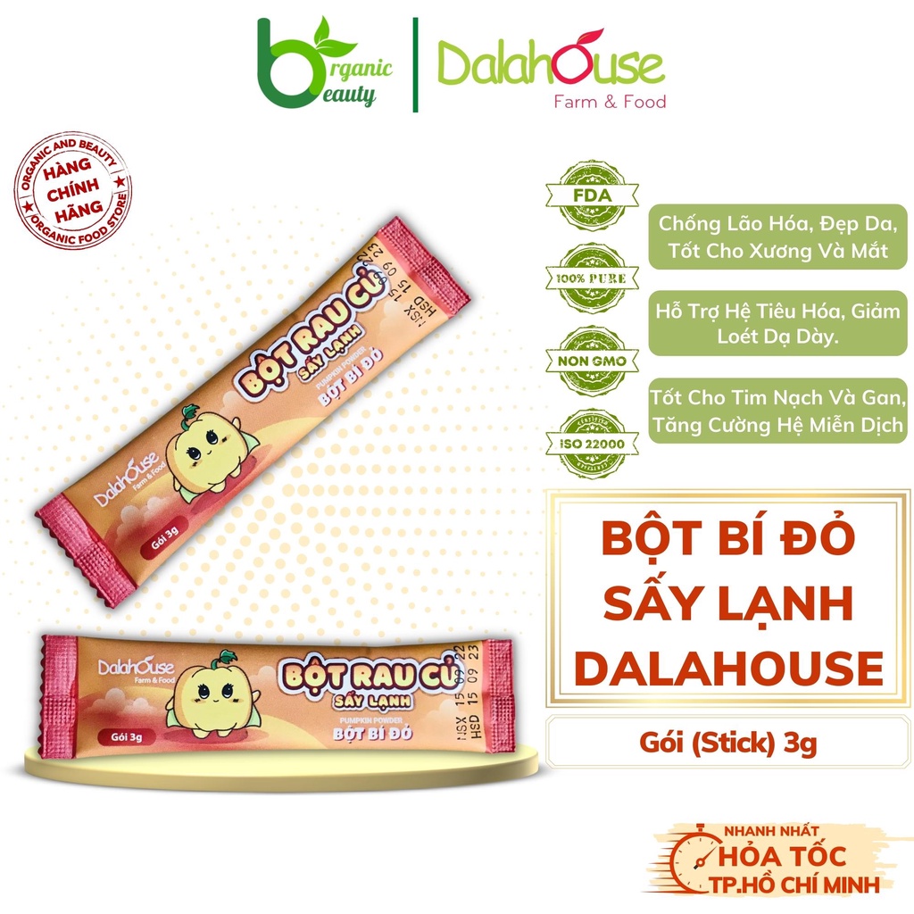 Bột Bí Đỏ Organic Dalahouse - Bột Bí Ngô Hữu Cơ Nguyên Chất Sấy Lạnh - Bổ Sung Rau Cho Bé Ăn Dặm - Combo 20 gói 3g