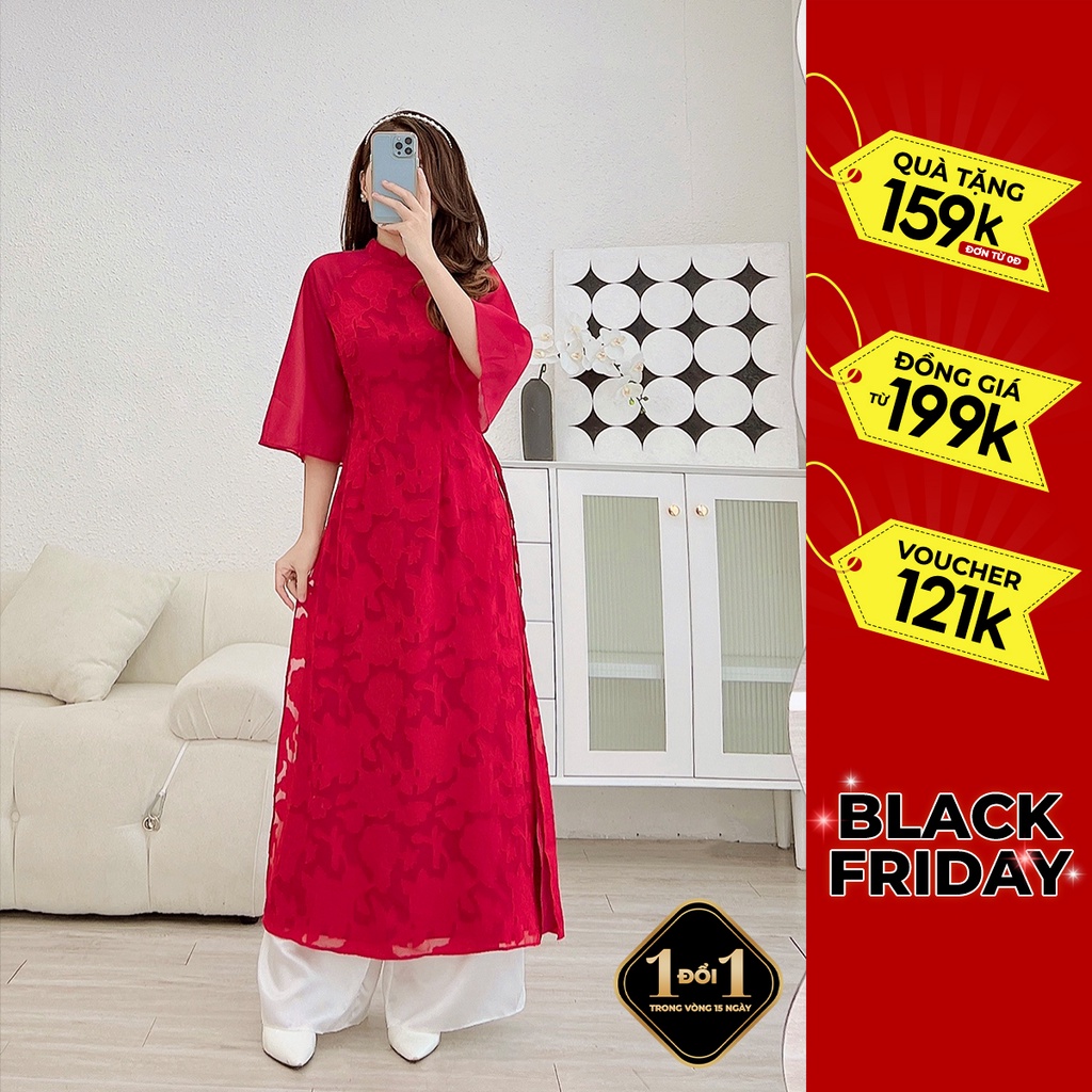 Áo dài cách tân nữ thiết kế họa tiết vân nổi phối tay bồng - Design by Giian GAD453