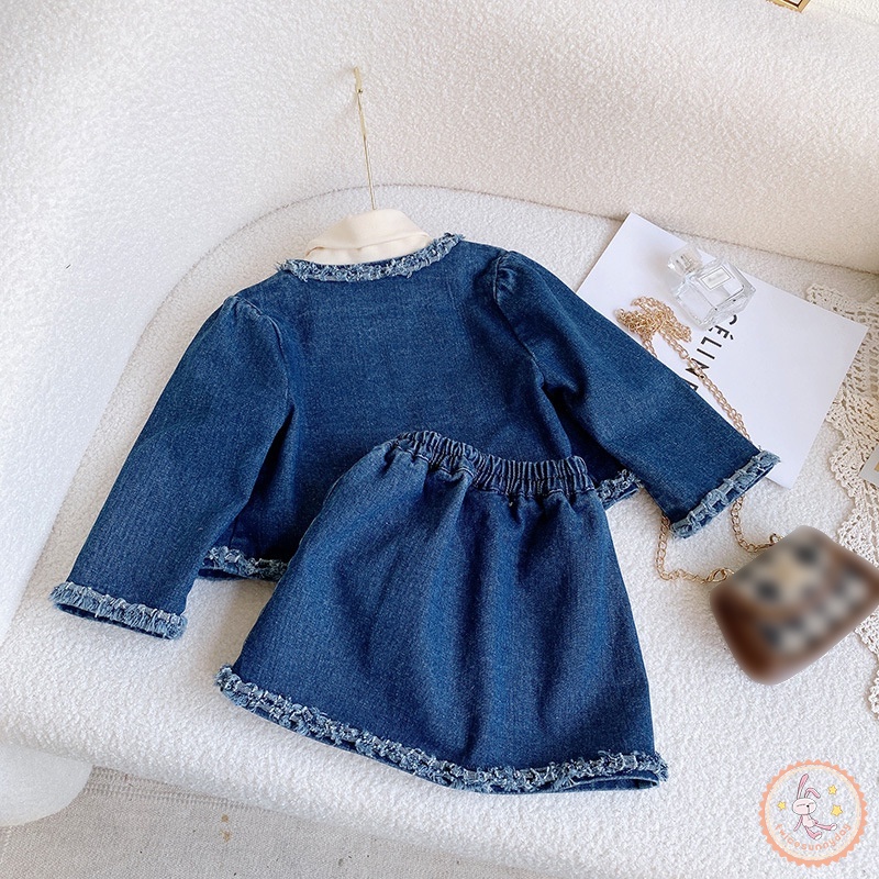 Set Đồ 2 Món Gồm Áo Khoác Tay Dài + Chân Váy Jean Thời Trang Cho Bé Gái