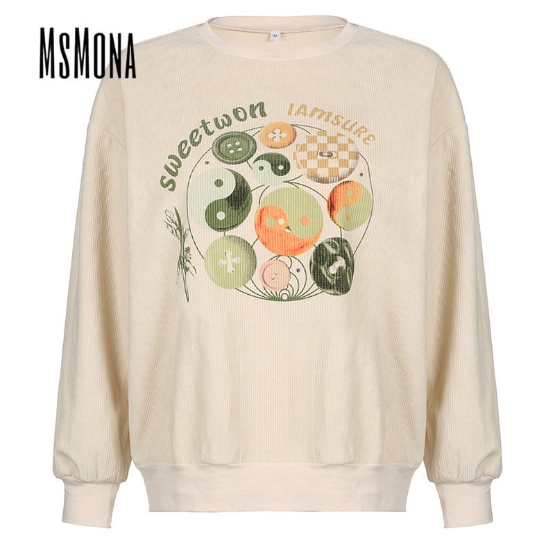 MsMona Áo Sweater Tay Dài Cổ Tròn Dáng Rộng In Họa Tiết Hoạt Hình Thời Trang 2022 Cho Nữ