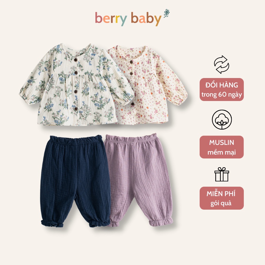 Đồ bộ cho bé gái berry dài tay nhiều màu áo họa tiết hoa quần trơn lucy - ảnh sản phẩm 1