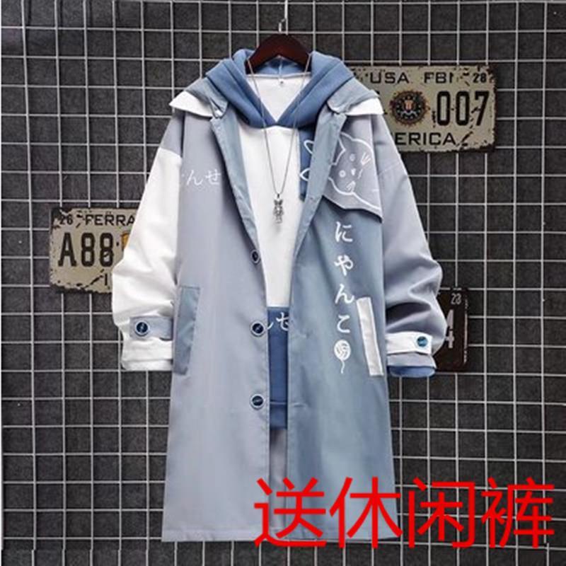áo khoác bomber nam nỉ áo khoác dù gió Áo Khoác Hoodie Dài Qua Gối Dáng Rộng In Hình Mèo Hoạt Hình Màu Xanh Dương Phong Cách Nhật Bản Thời Trang Xuân Thu Cho Nam