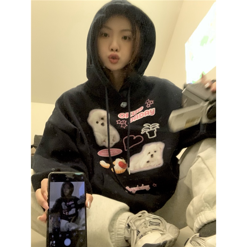 「MOTEL7」Áo Sweatshirt Có Mũ Trùm Tay Dài Dáng Rộng Bằng Lông Cừu Phong Cách Hàn Quốc Đơn Giản Dễ Thương