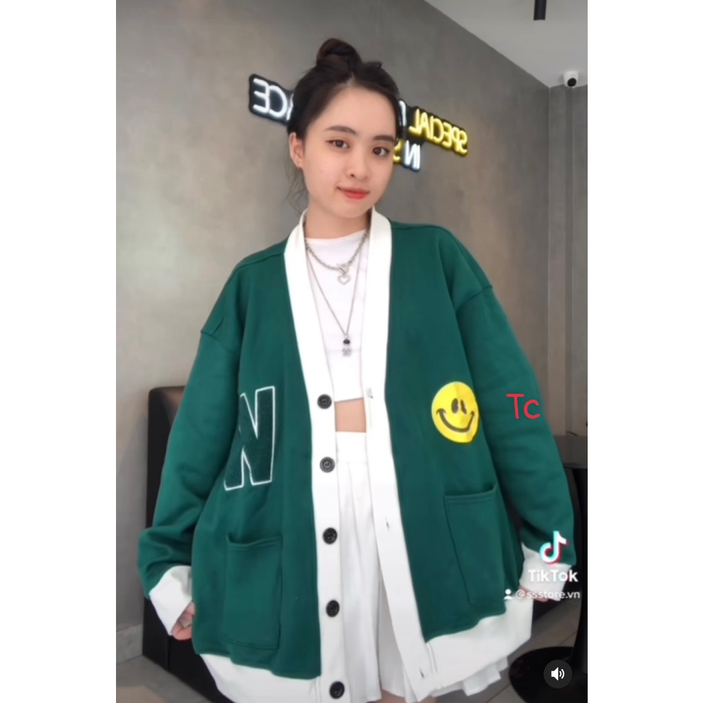 Áo cadigan xanh rêu mặt cười-5CT5TT