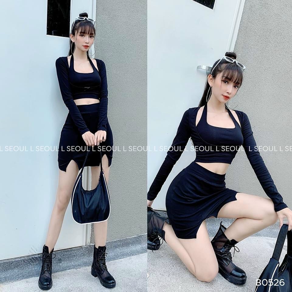 Set 3 món chân váy có lót trong kèm áo khoác gài cá tính sexy năng động, chất vải thun gân co giãn tốt, free size