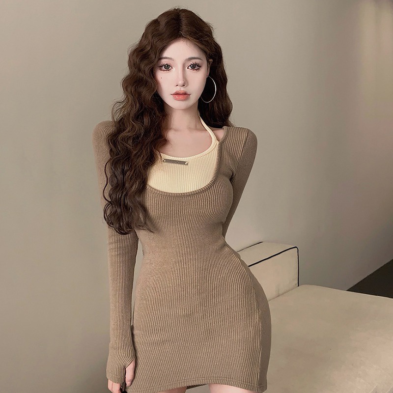 Đầm Tay Dài Giả Hai Lớp Màu Sắc Tương Phản Phong Cách Hàn Quốc Dành Cho Nữ