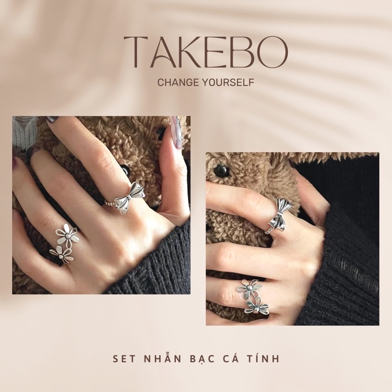 Set nhẫn bạc 925 hình dáng lạ mắt phong cách độc lạ trẻ trung dành cho bạn nữ cá tính - hình hoa daisy và nơ (có hình