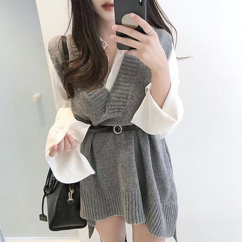 Áo dệt kim SUXI không tay phối thắt lưng phong cách Hàn Quốc thời trang thu đông cho nữ