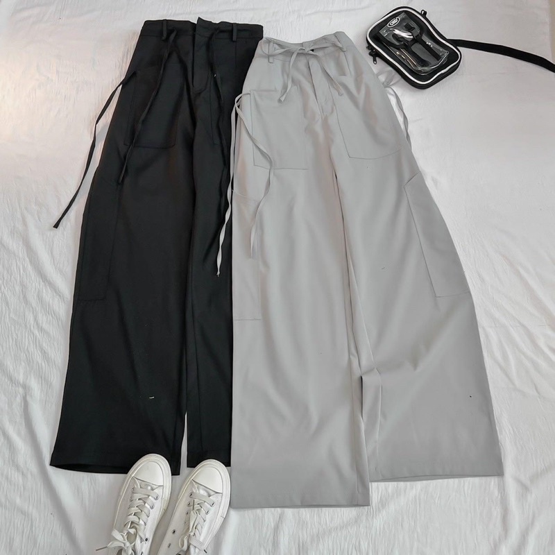 Quần kaki lưng cao DÂY RÚT 2 bên màu ĐEN/XÁM vải mềm dài suông ống rộng
