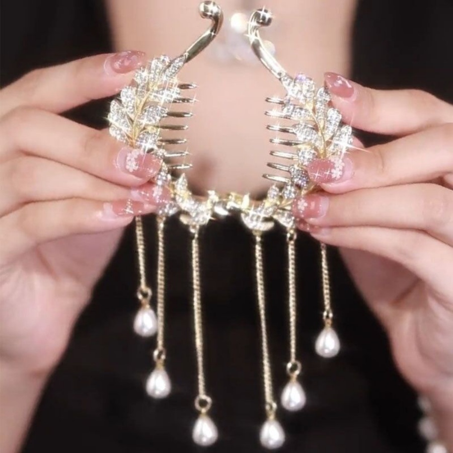 Kẹp Tóc Kim Loại Đính Đá Và Ngọc Trai Nhân Tạo Thời Trang