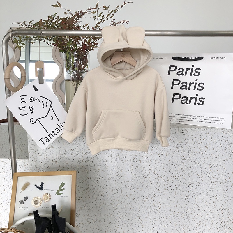 Áo Hoodie Tai Thỏ Bằng Vải Nỉ Màu Trơn Dễ Thương Phong Cách Hàn Quốc Cho Bé Gái