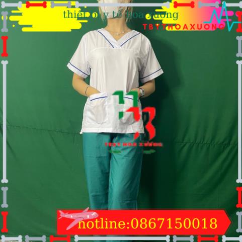 Bộ blouse cổ tim viền XANH DƯƠNG nam nữ cộc tay - bộ scrubs kỹ thuật viên cho điều dưỡng, dược sỹ, y tá, bác sĩ