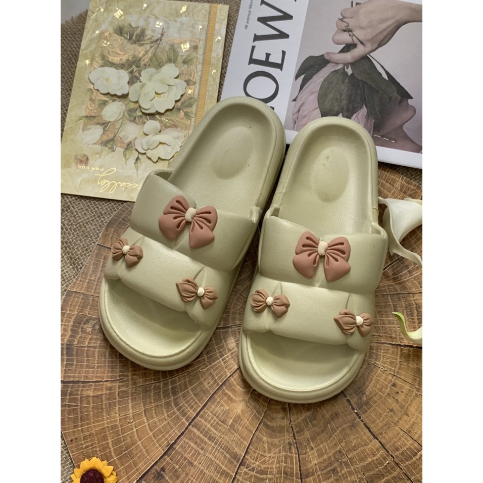 JY300- D32 - Dép nữ đế mềm mang trong nhà cho nữ siêu dễ thương đính họa tiết NƠ nhỏ