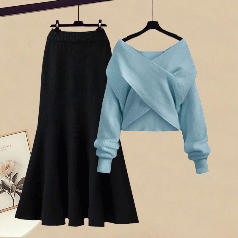Bộ Áo Sweater Dệt Kim + Chân Váy Đuôi Cá Dáng Ôm Thời Trang Mùa Thu 2022 Plus Size Cho Nữ