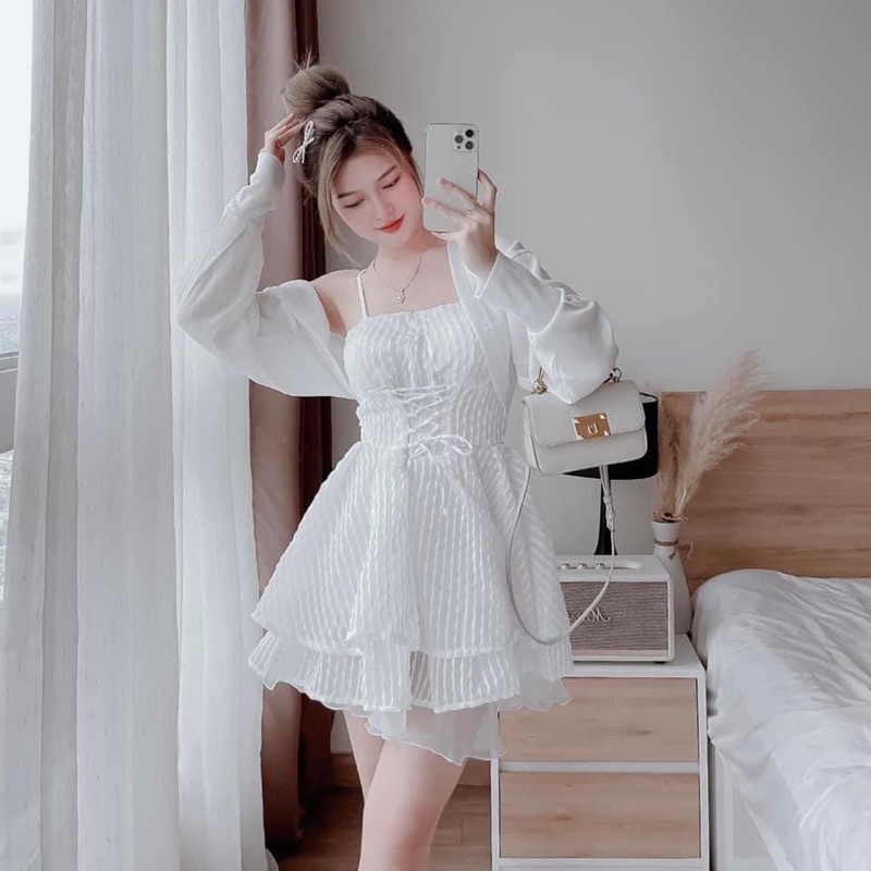 Sét đầm 2 dây trắng xốp đan dây kèm khoác len tăm tiêu thư xinh xắn